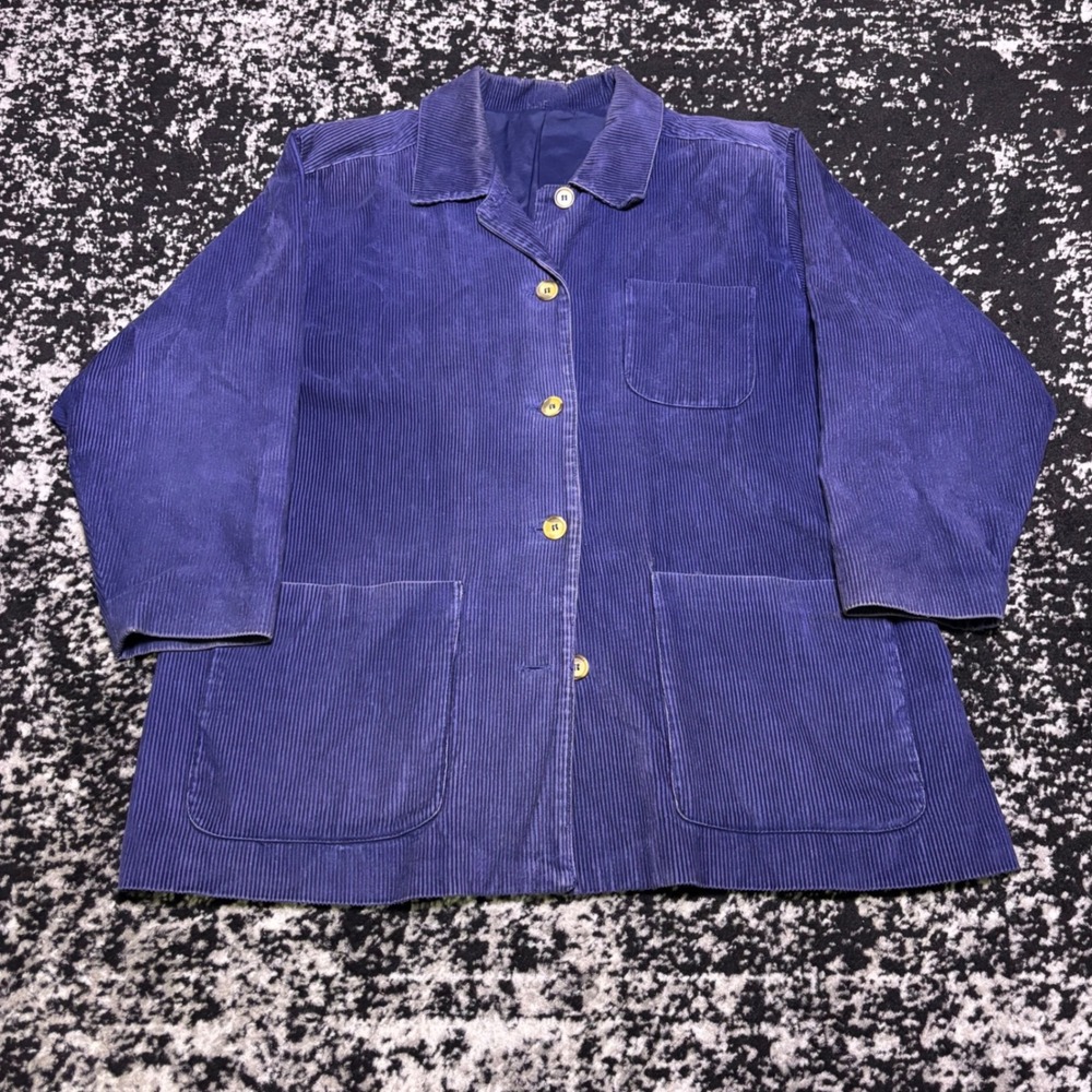 Vintage 60s French Chore Coat Blue Corduroy Workwear Jacket Women Large